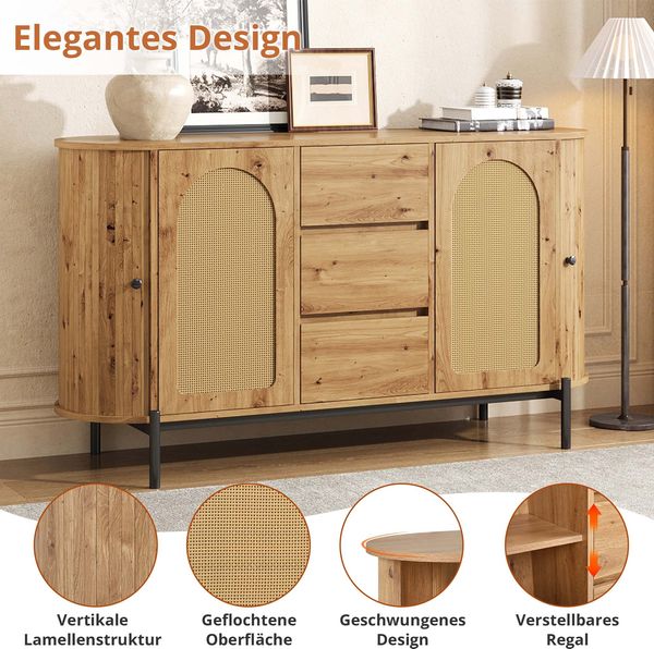 Ovaler Sideboard mit Rattan, Schiebetüren, Türen und Schubladen, verstellbare Fächer, Holzoptik, Metallbeinen, multifunktionaler Aufbewahrungsschrank Bild 8