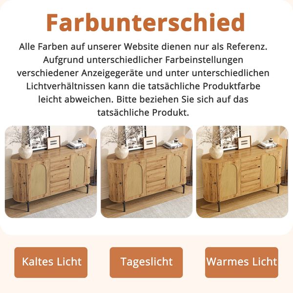 Ovaler Sideboard mit Rattan, Schiebetüren, Türen und Schubladen, verstellbare Fächer, Holzoptik, Metallbeinen, multifunktionaler Aufbewahrungsschrank Bild 10