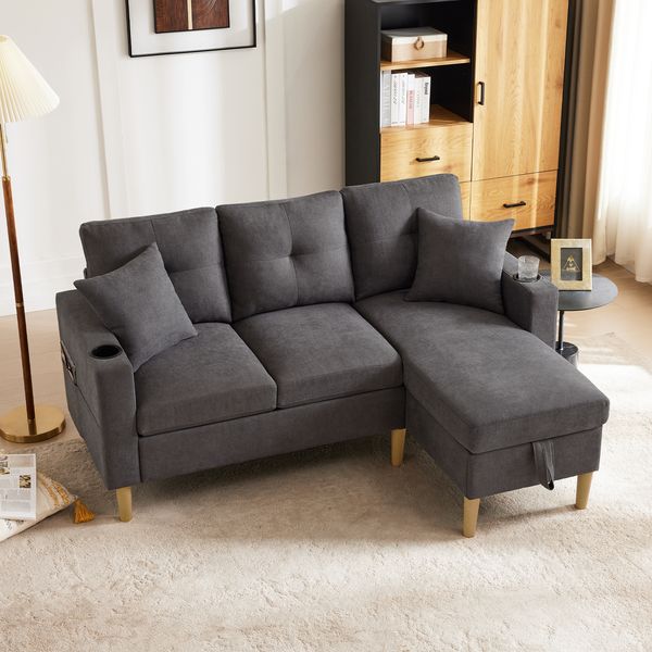 Ecksofa 175 x 129 x 90 cm in Dunkelgrau, Baumwoll-Leinen, mit Stauraum, Getränkehaltern und 2 Kissen