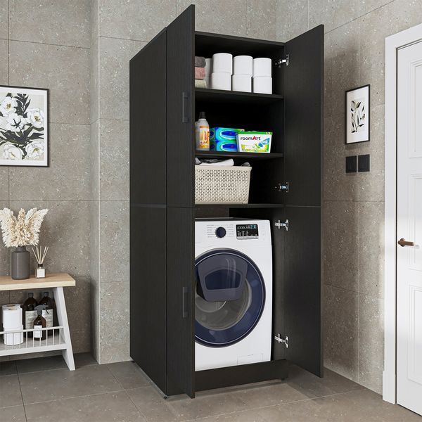 Roomart Waschmaschinenschrank DORA-II- Waschmaschinen- & Trocknerschrank mit Türen & Ausziehbrett – Waschküchenschrank für Waschmaschine & Trockner • Schwarz-Eiche