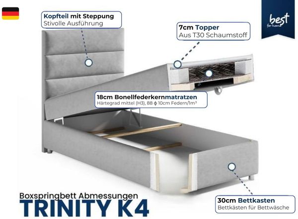 Best for Home Boxspringbett mit Bettkasten Trinity K-4 SINGLE Bonellfederkern inkl. 7 cm Topper (70x200 80x200 90x200 100x200 cm), verschiedene Liefermöglichkeiten, TOP Preis-Leistungs-Verhältnis Bild 5