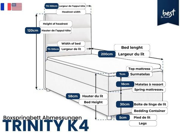 Best for Home Boxspringbett mit Bettkasten Trinity K-4 SINGLE Bonellfederkern inkl. 7 cm Topper (70x200 80x200 90x200 100x200 cm), verschiedene Liefermöglichkeiten, TOP Preis-Leistungs-Verhältnis Bild 4