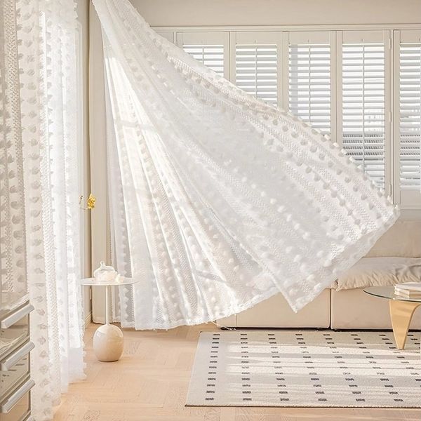 Jibenhome Gardine 2er Set Sheer Voile Vorhänge mit Pompon für Schlafzimmer Wohnzimmer (2 St), Luftig Dekoschal