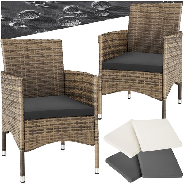 tectake® 2er Set Gartenstuhl aus Polyrattan, Gartenmöbel Set mit 2 Sessel, Outdoor Rattansessel inklusive Sitzpolster und 2 Bezugssets, rostfreie Edelstahlschrauben, pflegeleicht - Natur/dunkelgrau