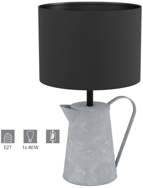 Eglo 43642 Tischleuchte KENSAL Stahl grau, Textil schwarz E27 1X40W H:43,5cm Ø25cm mit Kabelschalter