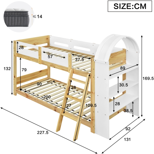 Merax Etagenbett, 90x200cm Kinderbett, Mit dreistufiges Regal, Sicheres Bettgitter, Dreistufige Trittleiter, Stabile Lattenroste, Weiß+Natur Bild 4