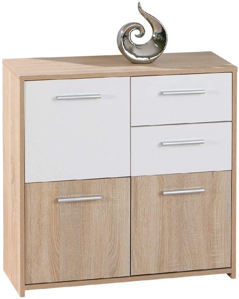 Dmora Sideboard mit drei Türen und zwei Schubladen, Weiß und Eiche, Maße 77 x 77 x 30 cm