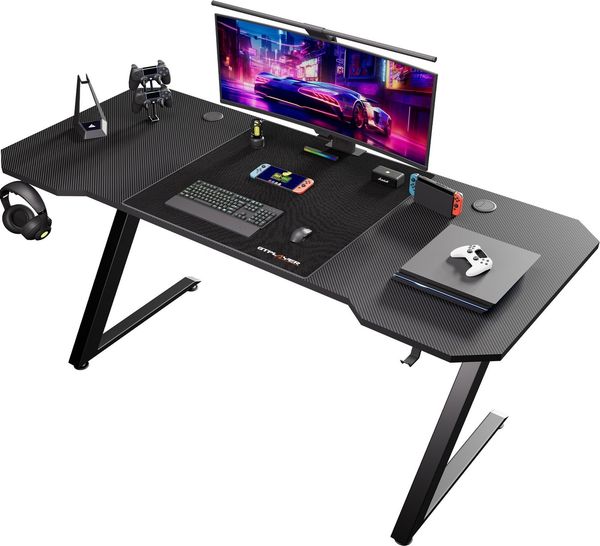 GTPLAYER Schreibtisch Gaming Tisch Schreibtisch mit Mauspad PC Tisch Kohlefaseroberfläche, Stabiler Computertisch mit Kopfhörerhaken, Schwarz