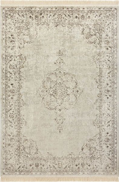 Orientalischer Samt-Teppich Fransen Oriental Vintage Medallion Creme - 195x300x0,5cm
