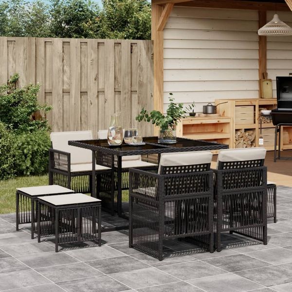 vidaXL 9-tlg. Garten-Essgruppe mit Kissen Schwarz Poly Rattan 3210954