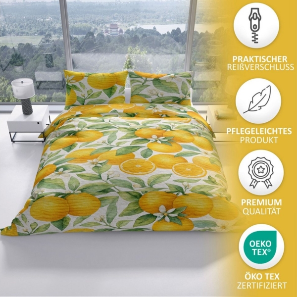 Leonado Vicenti Bettwäsche 135x200cm, 155x200cm und 155x220 cm, Seersucker, 4 teilig, mediterranes Design mit Orangen, bügelfrei Bild 2