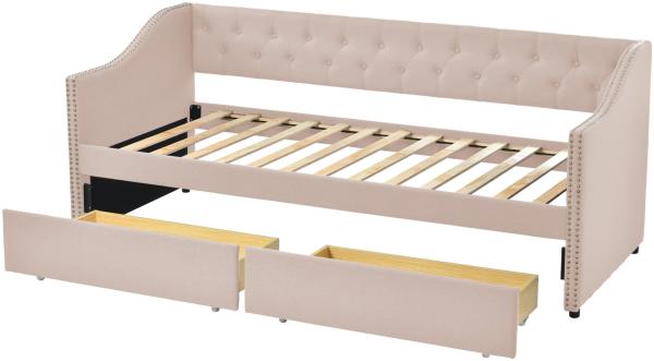 Merax Tagesbett 90x200 Polsterbett aus Leinen Schlafsofa Einzelbett mit 2 Schubladen & Lattenrost Beige