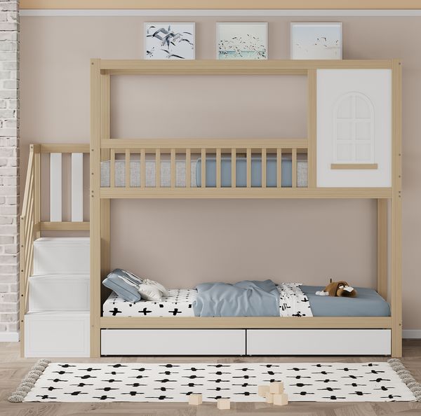 Naturfarbenes Etagenbett 90x200 cm Mit Schubladenleiter Und Haus Design Massivholz Etagenbett Mit Stauraum Kinderzimmer Bett Sicherheitsbett Mit Fensterelement Kiefernholz Doppelbett