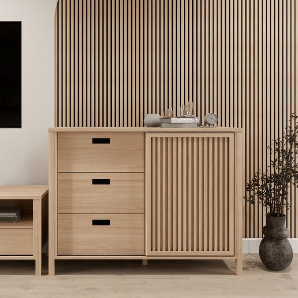 Forte JYTANA Sideboard 120, skandinavisches Sideboard mit 3 Schubladen und Schranktür, Riva Eiche Holzdekor, 119,8 cm breit x 91,5 cm hoch x 40,2 cm tief