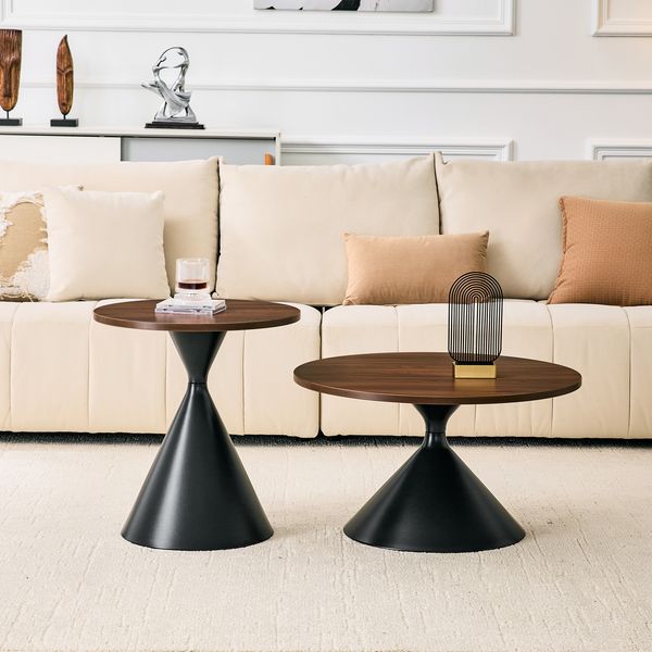 Flieks 2er Couchtisch Set im Sanduhr-Design, runde Satztische Ø70/Ø50 cm mit Walnussoptik und schwarzem Metallfuß