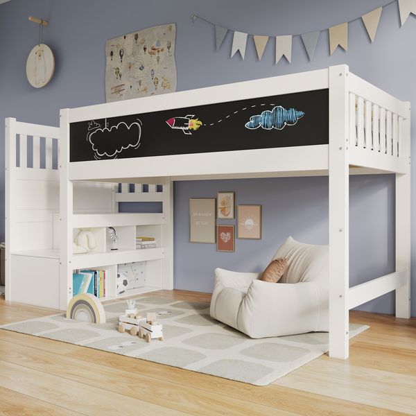 Kinderbett, Hochbett mit Whiteboard & Tafel Speicherung und Rausfallschutz, Holz, Weiß, 90 x 200 cm