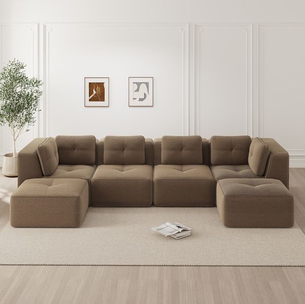 Modulares Ecksofa aus Cord, U-Form & flexibel kombinierbar, 386 x 177 x 69 cm, braun