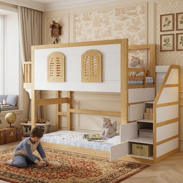 Novelux Hochbett 90x200 cm mit Treppenschrank & Spielfläche – Massivholz aus Kiefer, MDF in Weiß/Natur, Fensterdesign, Lattenrost, ohne Matratze, FSC-Holz