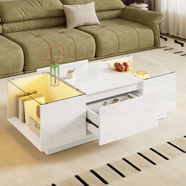 Couchtisch mit LED-Beleuchtung, Glasplatten & 2 Schubladen, 105x50x35 cm, Weiß