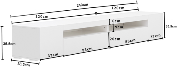 TV-Lowboard 240 cm in Weiß mit integrierter LED-Beleuchtung, modernes Fernsehmöbel mit großzügigem Stauraum và klarer Linienführung, 240x38.5x35.5cm, Weiß Bild 9