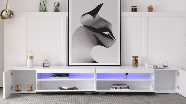 TV-Lowboard 240 cm in Weiß mit integrierter LED-Beleuchtung, modernes Fernsehmöbel mit großzügigem Stauraum và klarer Linienführung, 240x38.5x35.5cm, Weiß