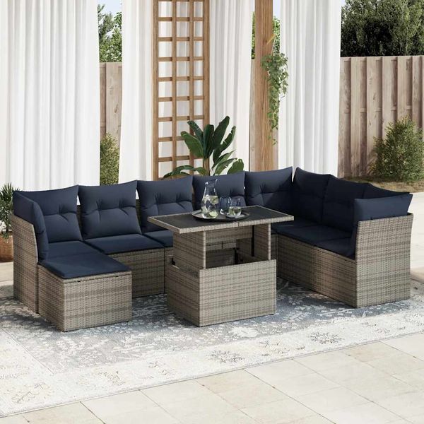vidaXL 9-tlg. Garten-Sofagarnitur mit Kissen Grau Poly Rattan Akazie 3326212