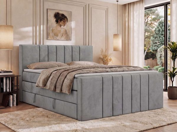 Boxspringbett INERO KING DUO mit Stauraum, Doppelbett 180x200, Bett mit Multipocket-Matratze H4 und Topper Visco, modernes Boxspringbett, hohe Kopfteil - Hellgrau Velvet