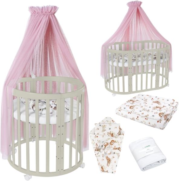 Waldin Babybett OWAL aus Holz 7in1 mit Matratze, mitwachsendes Kinder-Bett, belüftet, Boden 5-fach verstellbar, All-Inclusive-Set Holz olive, Stoffe Rosa Tiere