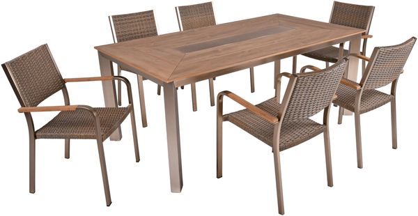 Garten-Sitzgruppe ARMIN 7tlg. - Kunststoffgeflecht, Braun | Gartenmöbel-Set Gartengarnitur Garten-Essgruppe mit geschlossenen Stapelstühlen und Esstisch