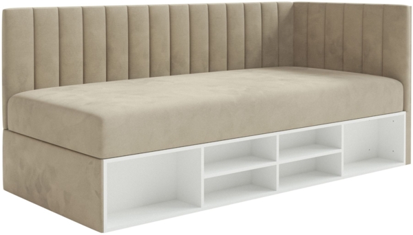 Selsey 'Ventrio' Jugendbett linksseitig mit Regalen, Easy-Clean-Samtbezug, graubeige, 90x200 cm