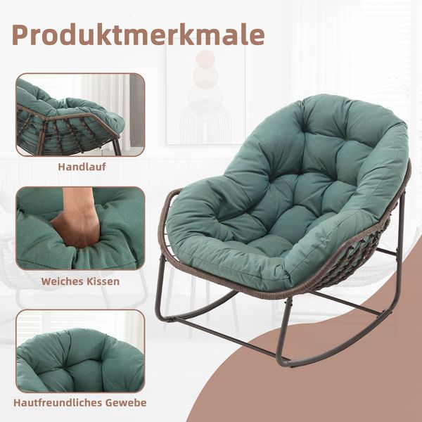 LVHOM Schaukelstuhl mit gepolstertem Kissen, Rattanstuhl mit Stahlrahmen, Lounge Sessel, Schaukelsessel, 1 St, für Balkon/Garten/Wohnzimmer/Schlafzimmer Bild 6