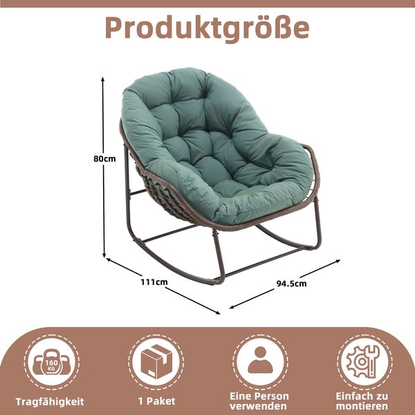 LVHOM Schaukelstuhl mit gepolstertem Kissen, Rattanstuhl mit Stahlrahmen, Lounge Sessel, Schaukelsessel, 1 St, für Balkon/Garten/Wohnzimmer/Schlafzimmer Bild 3