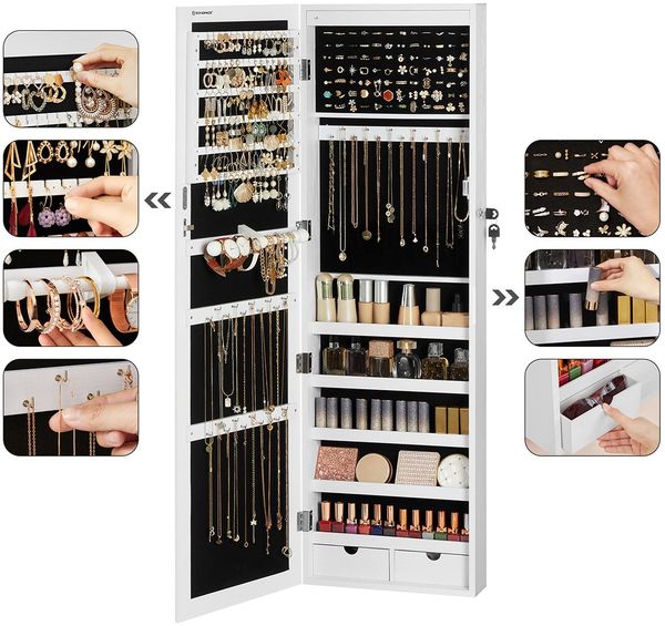 Schmuckschrank mit LED Beleuchtung und abschließbar, MDF weiß, JBC93W, 37 x 10 x 120 cm Bild 8