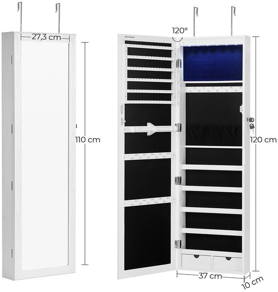 Schmuckschrank mit LED Beleuchtung und abschließbar, MDF weiß, JBC93W, 37 x 10 x 120 cm Bild 6