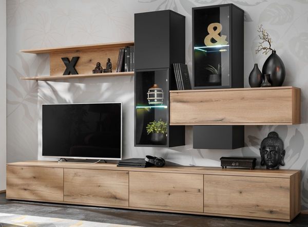 Wohnwand "Area" in Evoke Eiche und Schwarz 280 cm, mit LED