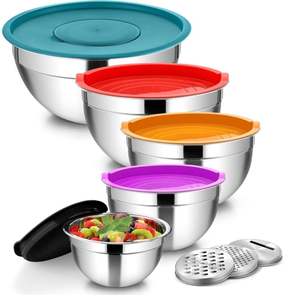 Homikit Rührschüssel Set Edelstahl 5er mit luftdichtem Deckel & Reibenaufsätzen
