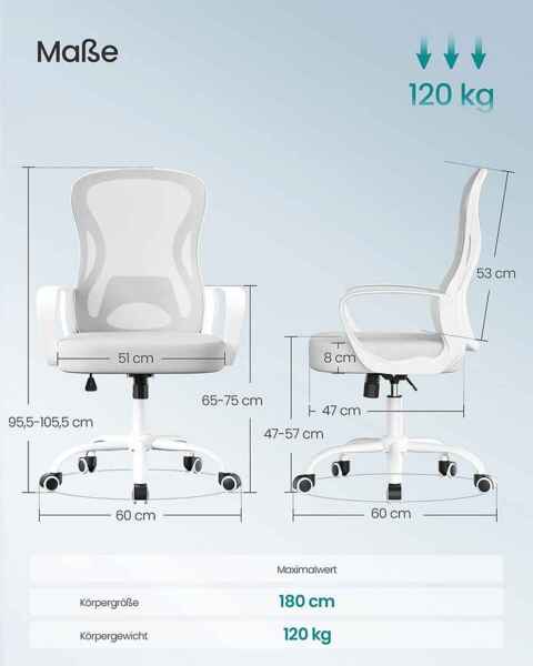 SONGMICS Bürostuhl ergonomisch, Drehstuhl mit Netzgewebe, Schreibtischstuhl mit Lendenstütze, Wippfunktion, Armlehnen, für Arbeitszimmer, Schlafzimmer, taubengrau-wolkenweiß Bild 5
