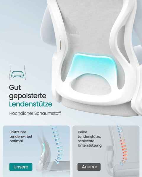 SONGMICS Bürostuhl ergonomisch, Drehstuhl mit Netzgewebe, Schreibtischstuhl mit Lendenstütze, Wippfunktion, Armlehnen, für Arbeitszimmer, Schlafzimmer, taubengrau-wolkenweiß Bild 3