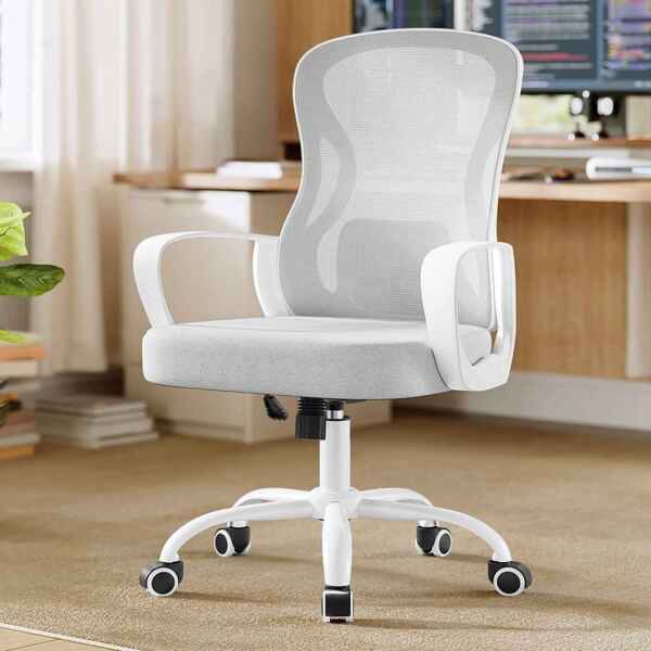 SONGMICS Bürostuhl ergonomisch, Drehstuhl mit Netzgewebe, Schreibtischstuhl mit Lendenstütze, Wippfunktion, Armlehnen, für Arbeitszimmer, Schlafzimmer, taubengrau-wolkenweiß Bild 2