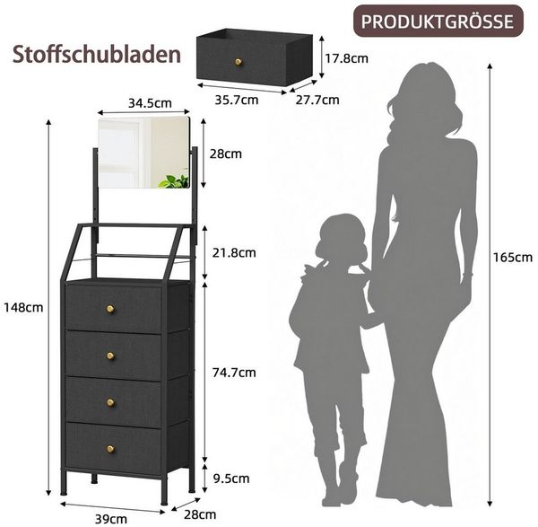 OYRREU Schminkschrank mit Spiegel, 4 Stoffschubladen, 147 cm hohe Kleiderkommode (2-in-1 Spiegel-Kommode) platzsparendes Hochdesign, kippsicher