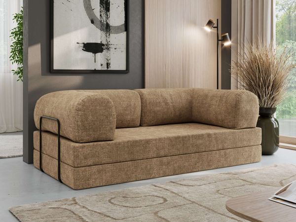 3-Sitzer Sofa ORSETTO mit Schlaffunktion, Metallrahmen, modernes Bettsofa mit HR- und T30-Schaum - Hellbraun Schenille grob gewebt