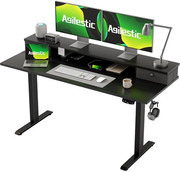 Höhenverstellbarer Schreibtisch 140x60 cm Elektrisch mit 2 Schubladen Schwarz