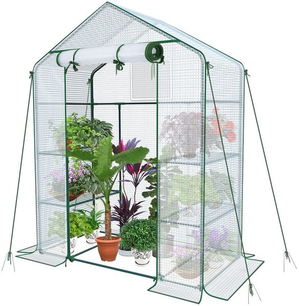 VOUNOT® Gewächshaus Foliengewächshaus, begehbares Gartenhäuschen mit 4 Regalebenen, Tomatenhaus Tomatengewächshaus, Weiß 143 x 73 x 195 cm