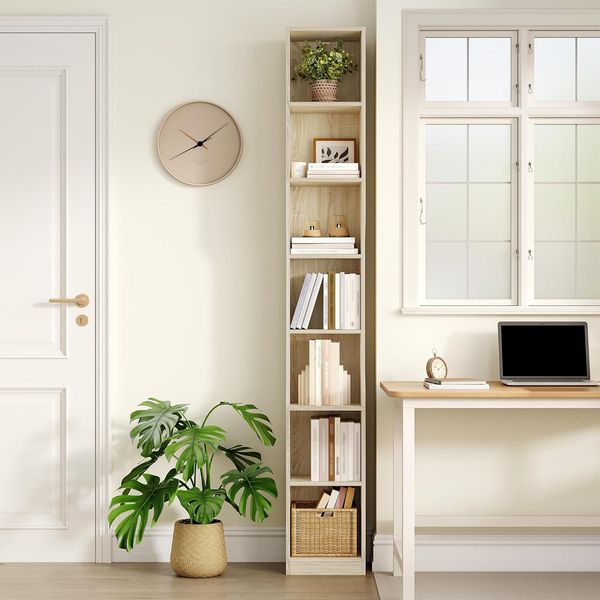 Bücherregal, 7 Ebenen Vertikales Bücherregal, Schmales Regal, Standregal, Würfelregal, Aufbewahrungsregal, für Büro, Wohnzimmer, Schlafzimmer, 28 × 30 × 208,1 cm, Moderner Stil, Eichenbeige