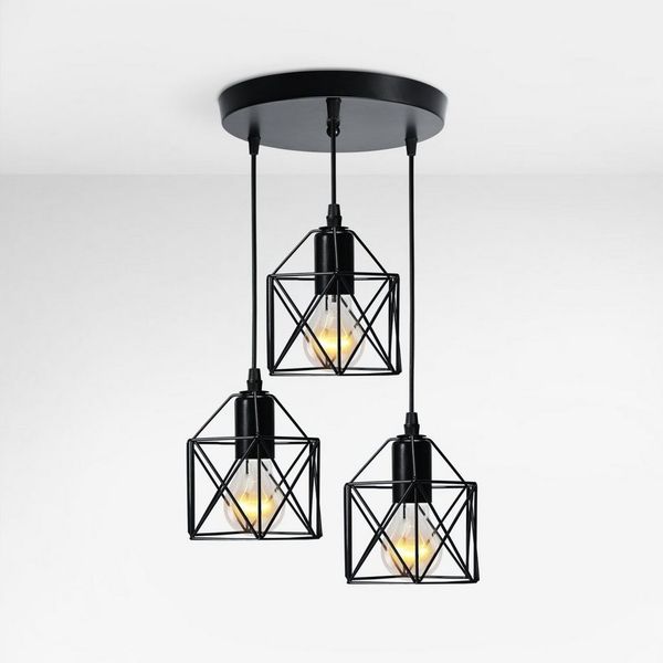 EMKE Pendelleuchte 3-flammig Industriell höhenverstellbar, ohne Leuchtmittel, E27-Fassung, Eisen Schwarz, Ideal für Esszimmer, Küche & Wohnzimmer