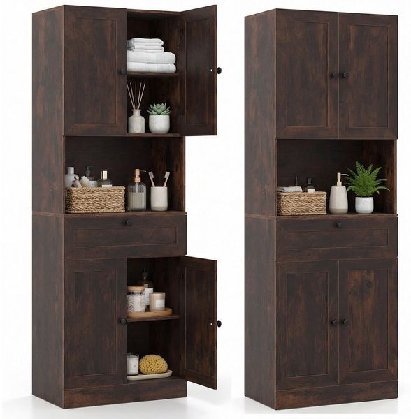 COSTWAY Badkommode, Hochschrank Bad mit 4 Türen Küchenschrank 171,5 cm