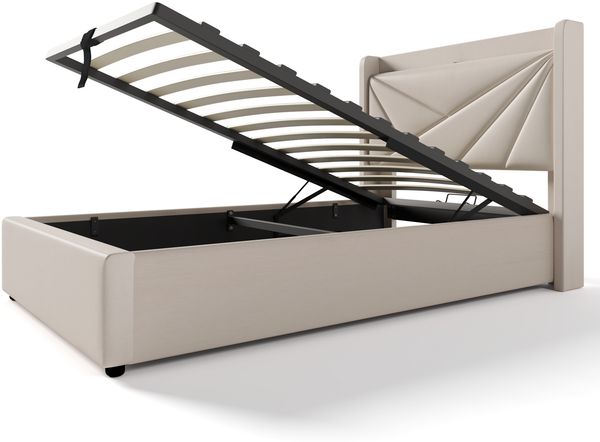 Polster Einzelbett 90x200cm aus Leinenstoff, Stauraum Bettkasten mit USB & Type-C Ladefunktion am gepolstertem Kopfteil, Jugendbett mit Lattenrost, Beige, ohne Matratze