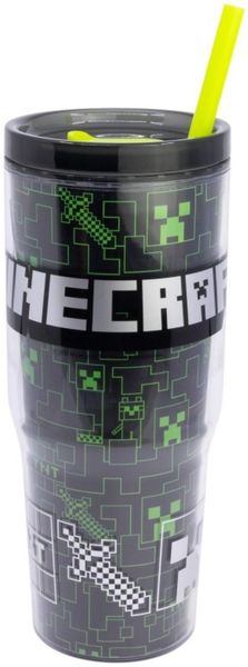 Minecraft Trinkbecher mit Strohhalm und Henkel Doppelwandig 860 ml