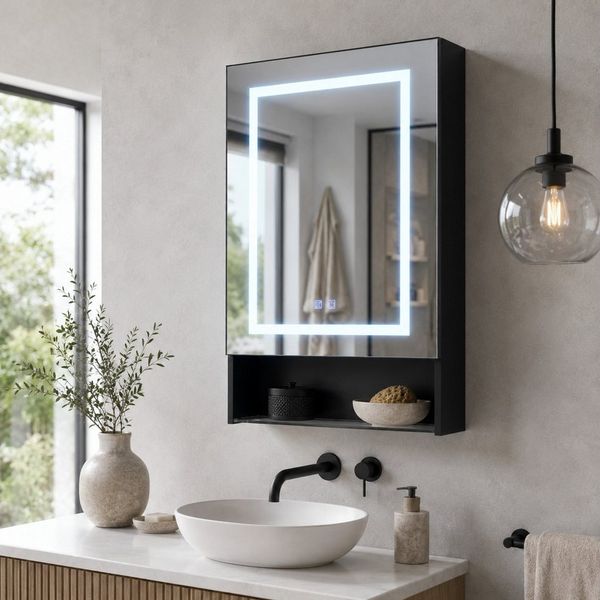Simurq Badezimmerspiegelschrank Spiegelschrank Bad Mit LED, Offenes Regalen, Wandschrank Hängeschrank (Set, Spiegelschrank Mit LED Beleuchtung, 3 Farbtemperatur Dimmbare) Badezimmer Spiegelschrank Mit Verstellbarer Ablage, Offenes Regalen