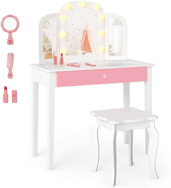 2 in 1 Kinder Schminktisch Set mit Abnehmbarem Spiegel & 3 Lichtfarben Makeup-Tisch Weiß